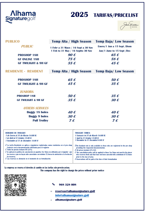 Alhama Signature Golf Course 2025 Price List